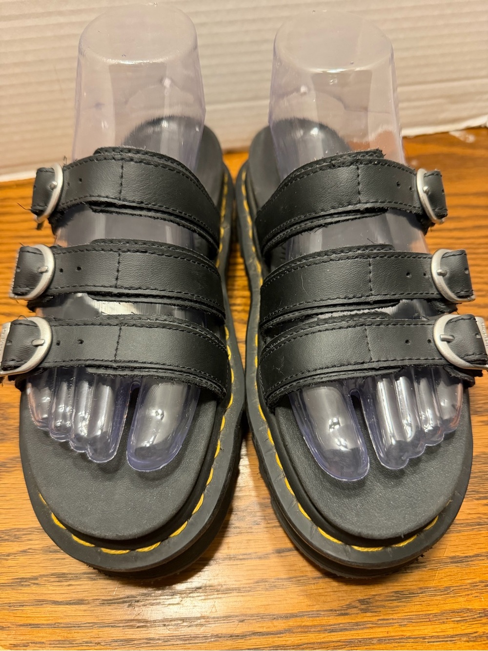 Dr. Martens Black Triple-Strap Sandals with Yellow Stitching